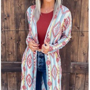 Long Open Front Aztec Cardigan